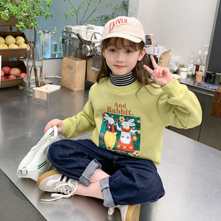 左西女童加绒卫衣冬季2023儿童假两件条纹领上衣 黄绿色 140