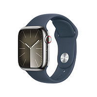Apple Watch Series 9 智能手表蜂窝款41毫米银色不锈钢表壳风暴蓝色运动型表带M/L MRJU3CH/A