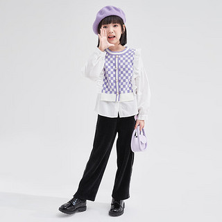 笛莎童装女童上衣秋装儿童中大童圆领棋盘格假两件衬衫 紫色 140cm