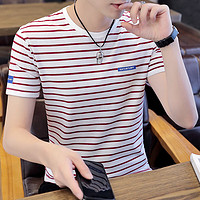 PLUS会员：AEMAPE 爱普 短袖T恤男夏季简约打底衫条纹圆领T恤半袖衣服YF-23 红色 2XL