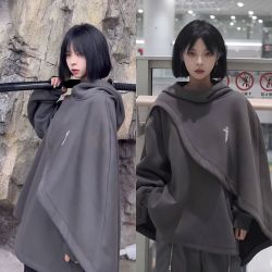 CC 美拉德社恐秋机能风重磅高领斗篷卫衣男女连帽假两件套头披风外套