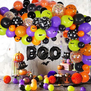 立早淘万圣节气球套装黑紫橘色乳胶气球链组合套装教室派对场景装饰