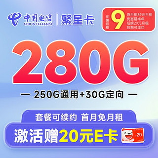 中国电信 玉兔卡阳光仰望流量卡不限速5G电话卡低月租 手机卡全国通用上网卡 繁星卡9元280G