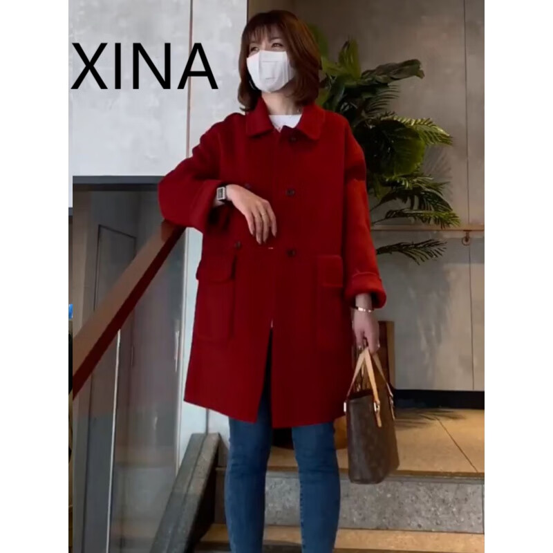 犀纳（XINA）潮牌双面羊绒大衣女小个子中长款羊毛呢子宽松显瘦毛呢外套 红色(高端手工羊毛） M（126-160）斤