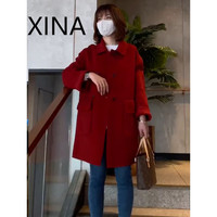 犀纳（XINA）潮牌双面羊绒大衣女小个子中长款羊毛呢子宽松显瘦毛呢外套 红色(高端手工羊毛） M（126-160）斤