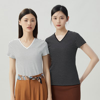 真的好 女装V领修身条纹T恤短袖上衣百搭通勤女 S 白
