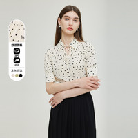 23夏翻领蝴蝶图案系带荷叶边袖口半袖衬衫上衣女 L 米色