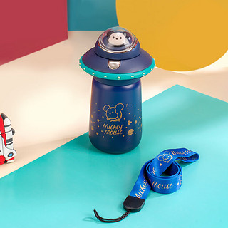 迪士尼（Disney）儿童保温杯带吸管316不锈钢卡通水杯宝宝斜跨创意飞碟水喝水杯 深蓝松松