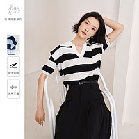 撞色条纹垫肩V领女式短袖针织衫 L 黑白条(收藏品牌，及时获取活动提示)