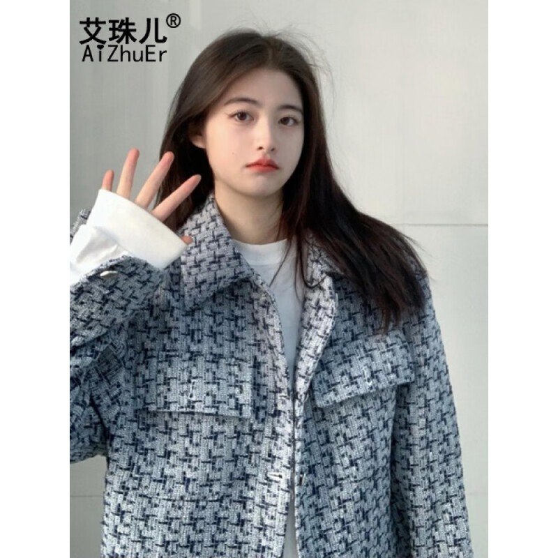 艾珠儿短外套女装秋季小香风宽松显瘦小个子夹克风衣棒球服春秋 蓝色 M