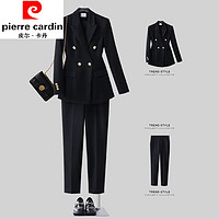 皮尔卡丹（pierre cardin）职业装西装套装女小个子高级感面试工装休闲黑色西服外套 黑色上衣+裤子 L100-120斤