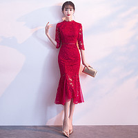 新娘敬酒服旗袍2023新款夏季高级感改良红色蕾丝鱼尾订婚礼服裙女