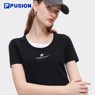 斐乐（FILA） FUSION潮牌假两件短袖T恤女时尚休闲修身短款上衣 正黑色-BK 170/88A/L