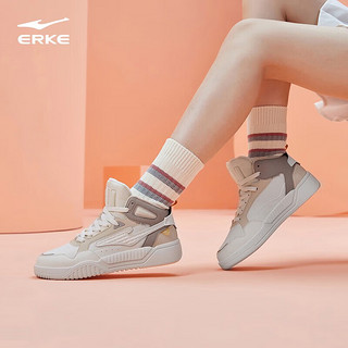 鸿星尔克（ERKE）板鞋女软底轻便高帮滑板鞋减震舒适耐磨休闲运动鞋橡芽白/珍珠奶茶 35