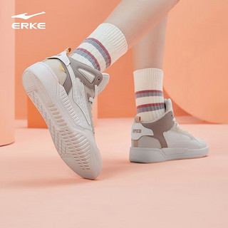 鸿星尔克（ERKE）板鞋女软底轻便高帮滑板鞋减震舒适耐磨休闲运动鞋橡芽白/珍珠奶茶 35