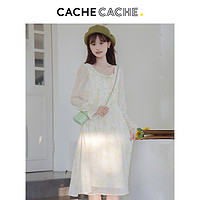 Cache Cache小清新碎花连衣裙女秋季长袖方领法式气质a字裙子