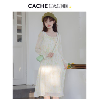 Cache Cache小清新碎花连衣裙女秋季长袖方领法式气质a字裙子