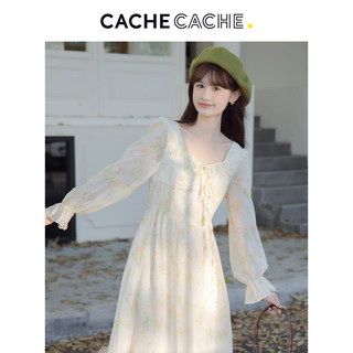 Cache Cache小清新碎花连衣裙女秋季长袖方领法式气质a字裙子