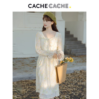 Cache Cache小清新碎花连衣裙女秋季长袖方领法式气质a字裙子