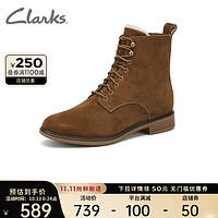 Clarks 其乐 女鞋时尚复古加绒低跟马丁靴女靴中筒靴 浅棕色毛绒内里261619084