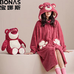 BONAS 宝娜斯 红色草莓熊法兰绒长毛绒睡袍