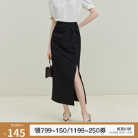 范思蓝恩23FS12449法式a字高腰半身裙女夏2023气质开叉长裙子 黑色 L