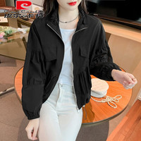 皮尔卡丹洋气polo领秋季秋款短外套女韩版宽松显瘦复古夹克百搭上衣 黑色 L
