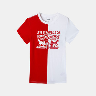 男童夏红白拼色纯棉短袖T李维斯童装儿童舒适短袖T恤 150(M) 超级红