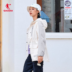 乔丹 中国乔丹运动风衣女2023秋冬新款连帽梭织防风网布简约休闲外套
