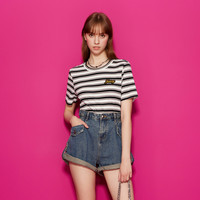 Juicy Couture橘滋复古减龄logo绣章条纹女式T恤