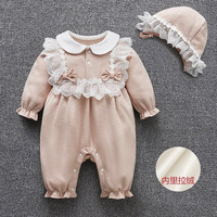 布布谷 婴儿连体衣春秋冬装女宝宝满月百天萌公主哈衣新生儿春季03个月 粉蕾丝翻领爬服拉绒 80cm