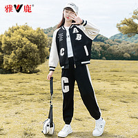 雅鹿女童运动套装秋季洋气中大童女孩休闲两件套YL-YX10 黑色套装 150