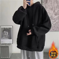 嘉晔美式潮牌连帽卫衣男加绒加厚港风帽衫宽松嘻哈卡通印花外套 纯黑色 XL