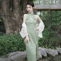 复古绿色改良立体钩花旗袍年轻少女修身镂空气质无袖开叉夏连衣裙