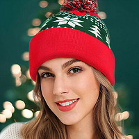 iChoice 冬季圣诞节新款红色雪花针织帽子腈纶带毛球翻沿冷帽