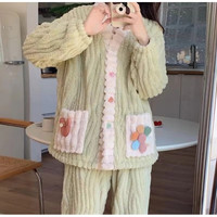 CqiuKeu 睡衣冬季女款珊瑚绒加厚保暖甜美可爱法兰绒家居服两件套 绿色 均码80-140斤