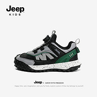 Jeep童鞋女童运动鞋秋季软底板鞋2023皮面儿童鞋男童跑步登山鞋 黑灰/军绿 30码 鞋内长约19.2cm