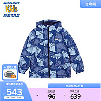 Skechers斯凯奇羽绒服男女童连帽羽绒外套冬季时尚三防儿童服L423K042 深底不规则线条色块/03GQ 165cm