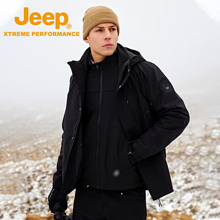 Jeep吉普冲锋衣男秋冬户外防水可拆卸三合一软壳外套登山滑雪服棉服男 品牌黑 S