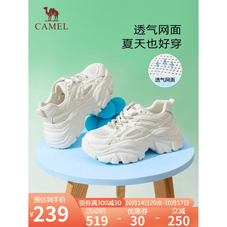 CAMEL 骆驼 老爹鞋女网布皮面拼接双系带厚底休闲鞋 L23S703108W 米白透网 40