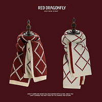 红蜻蜓 新年礼物红色围巾女冬季韩版格子百搭保暖针织毛线学生围脖