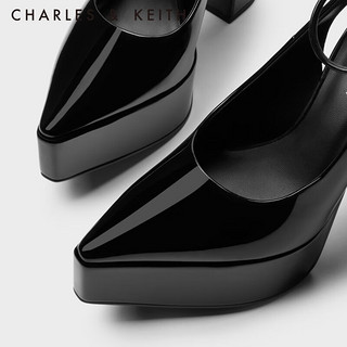 CHARLES&KEITH时尚包头粗高跟芭比鞋凉鞋女CK1-60361483 Black Patent黑色 34