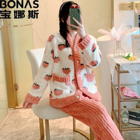宝娜斯(BONAS)KK配饰冬季女长毛甜美家居服提花绒开衫红色草莓 开衫乌龙桃 M