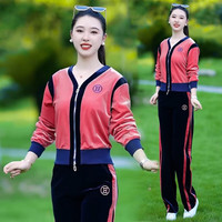花花公子时尚减龄休闲运动服金丝绒外套裤子两件套春秋款中老年女装装 XXMG-9853西瓜红 L 105-115斤
