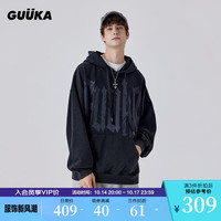 古由卡（GUUKA）美式复古重磅卫衣男冬潮 做旧洗褪加绒加厚帽衫宽松休闲百搭 黑色 S