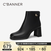 C.BANNER千百度时尚高跟羊皮靴冬粗跟时装靴方头英伦风短靴女鞋 黑色（绒里） 34