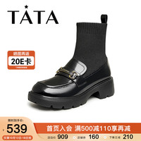 他她(TATA)2023冬商场同款学院风厚底袜靴女英伦拼接JK乐福鞋7QY60DZ3 黑色 36
