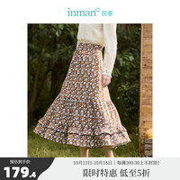 茵曼（INMAN）复古磨毛印花半身裙女装松紧腰荷叶伞裙18332247 檀咖色 XL