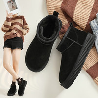 ZHR雪地靴女短筒休闲舒适厚底真牛皮女靴加绒加厚防滑保暖面包鞋 黑色 35