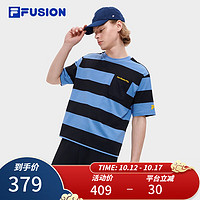 斐乐（FILA） FUSION潮牌男子针织短袖衫时尚条纹短袖T恤 水珠蓝-LB 180/100A/XL